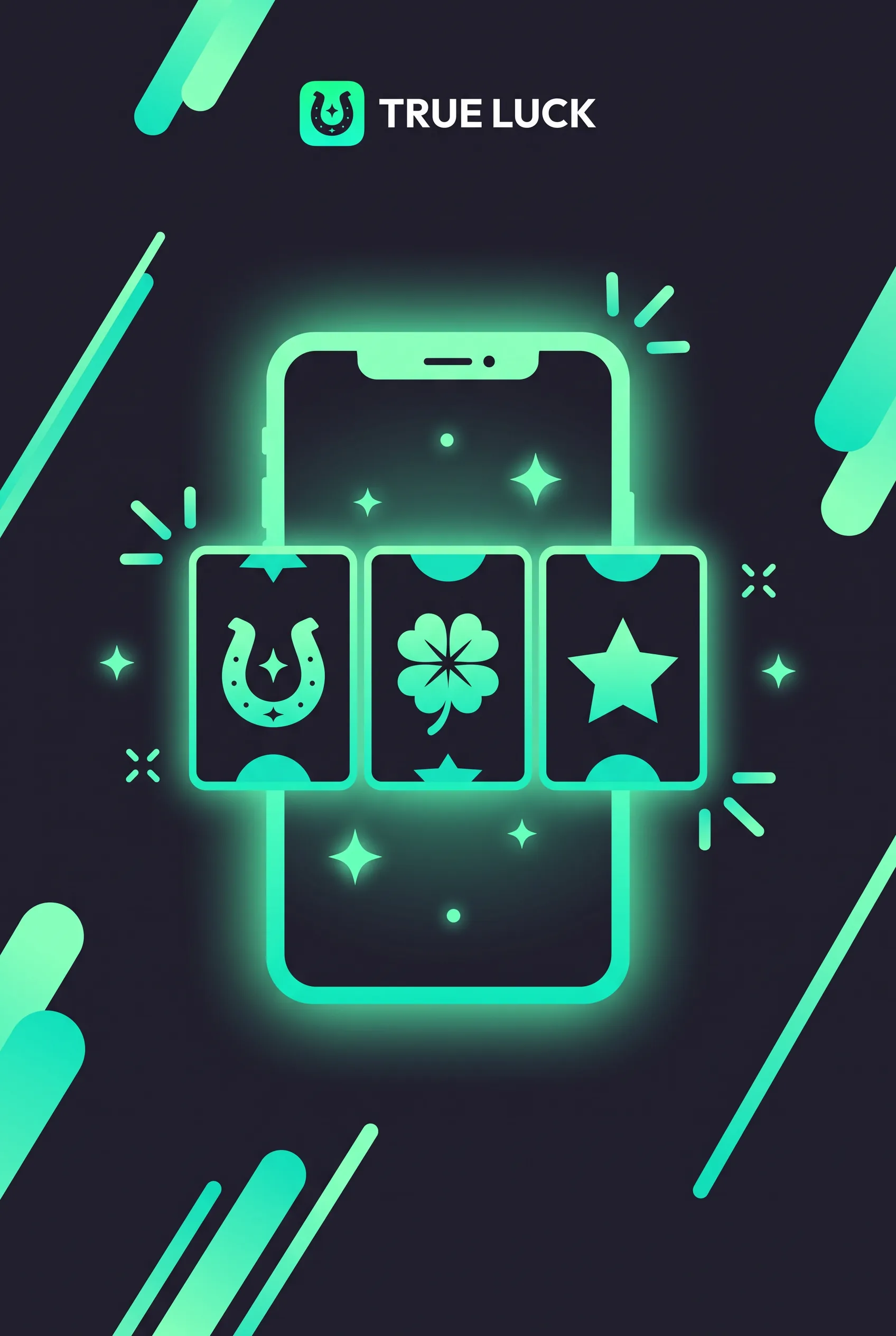 True Luck mobile casino illustration with a phone and slot symbols